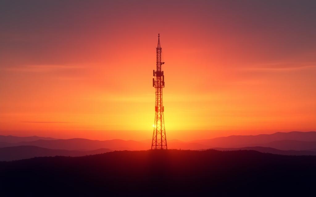 Torre di telecomunicazioni stagliata contro un tramonto colorato