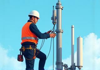 Tecnico di telecomunicazioni al lavoro su un'antenna in quota