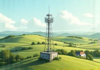 Immagine di un paesaggio rurale con un piccolo traliccio o cella